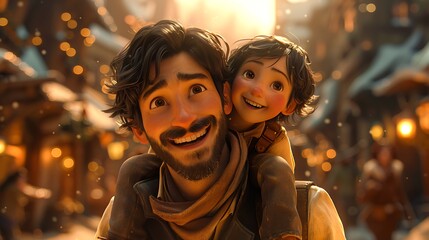 A man lifts a child on his shoulders in a festive setting, surrounded by twinkling lights and colorful decorations in the background.
