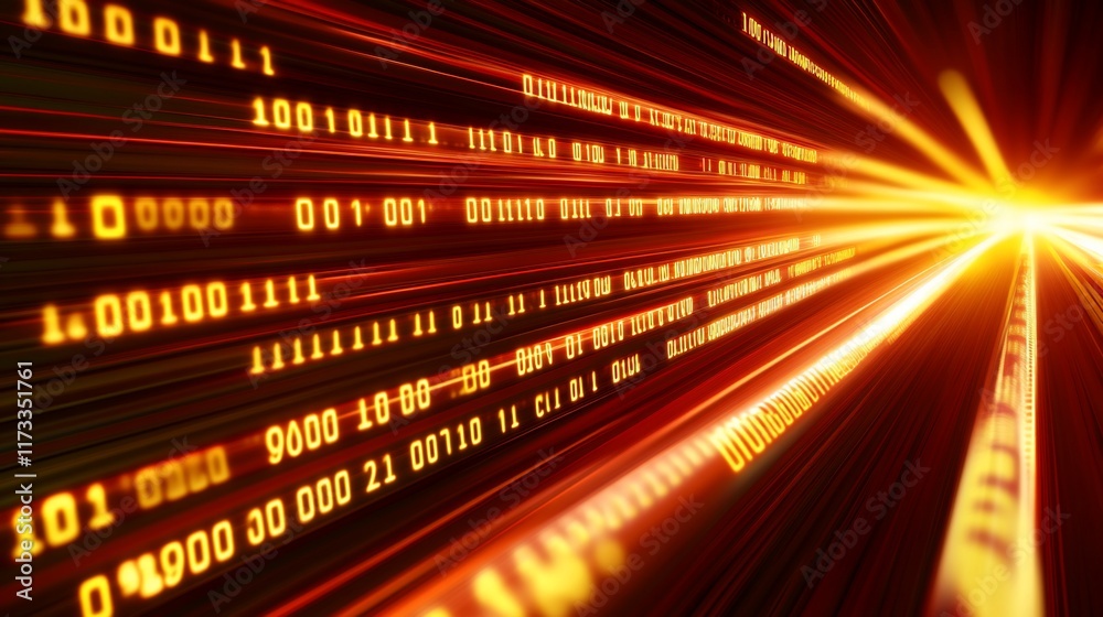 Poster Abstract digital data stream, binary code, glowing lines, fast speed, technology concept.