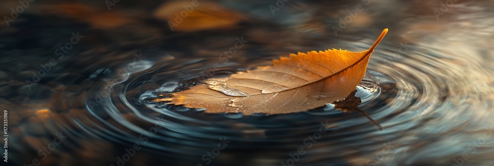 Poster single autumn leaf floats on dark water, creating ripples.