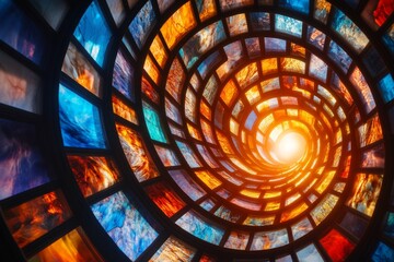 A kaleidoscope-inspired stained glass window in a cathedral, casting vibrant reflections on the walls