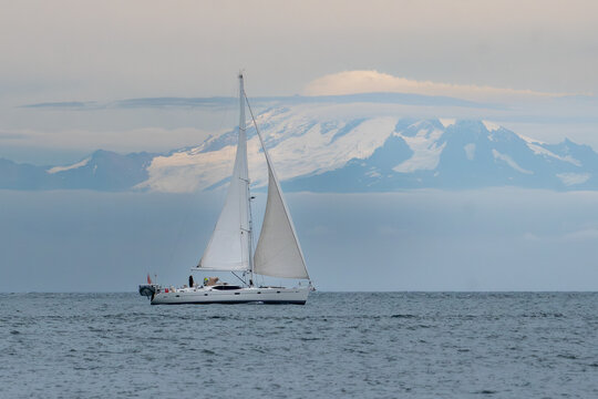 Sailboat sailing in the Salish Sea, British Columbia, Canada