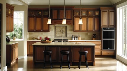 Modern kitchen with wooden cabinets, island, and seating, designed for cooking and dining.