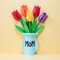 Handcrafted paper tulips arranged in vase, "Mom" card, home craft, craft