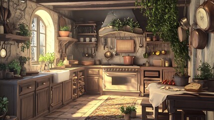 A cozy kitchen with wooden furniture, herbs, and natural light, perfect for cooking and gathering.