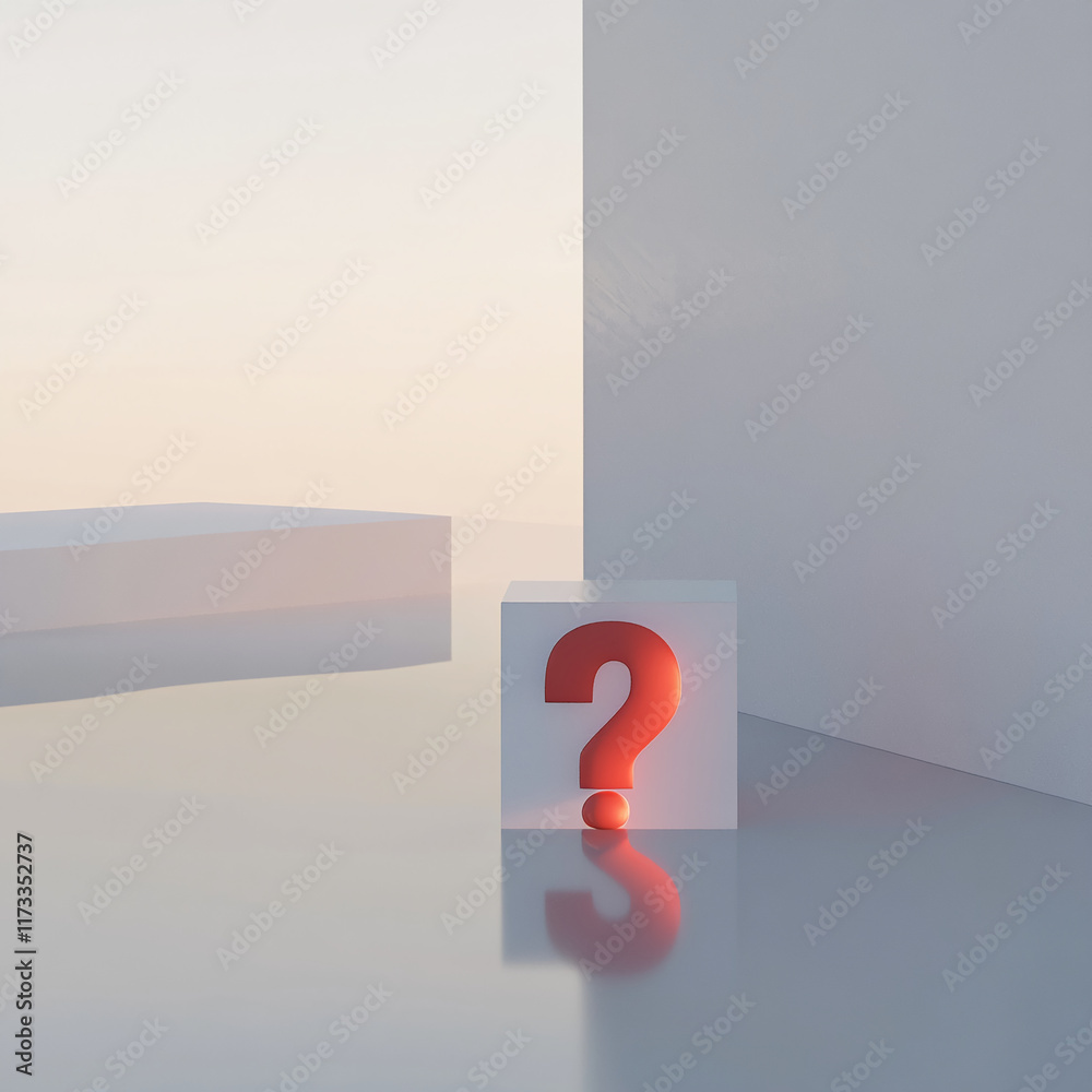 Poster Red large question mark illuminated on a white cube in a minimalistic modern setting