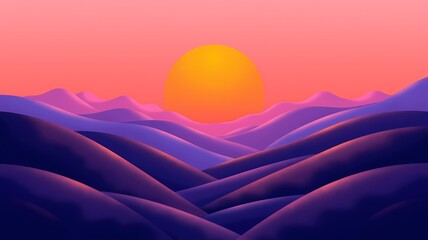A peaceful gradient sunset over rolling hills, blending warm hues of orange, pink, and purple. Minimalist shapes form a calming and timeless background