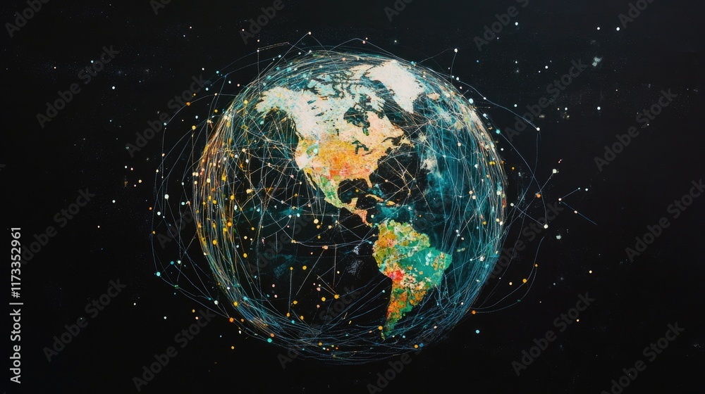 Poster A globe with connected lines and data streams symbolizing worldwide internet video streaming services, bridging countries and cultures