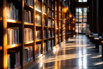 Fototapeta premium A quiet Korean library with traditional wooden furniture, shelves of books, and warm sunlight streaming in through paper windows