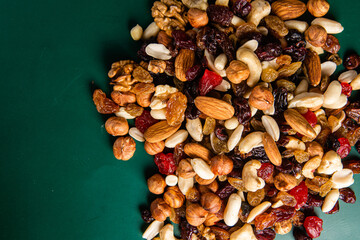 Mixture of nuts and dried fruits close-up.