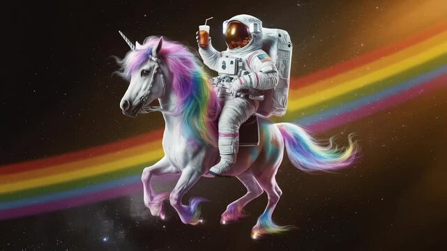Astronaut riding a unicorn on a rainbow trail in space, holding a soda cup with a straw