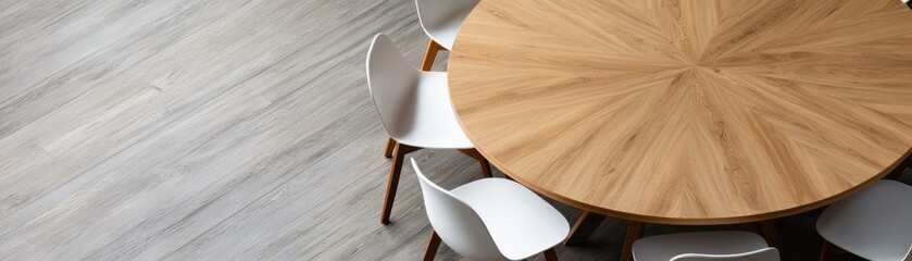 A modern, round wooden table surrounded by white chairs on a stylish floor, creating a clean and contemporary dining or meeting space.