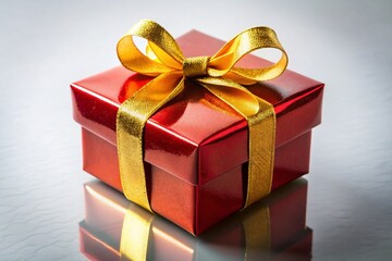 Obraz premium Macro Red Gift Box with Golden Ribbon - Elegant Glossy Present