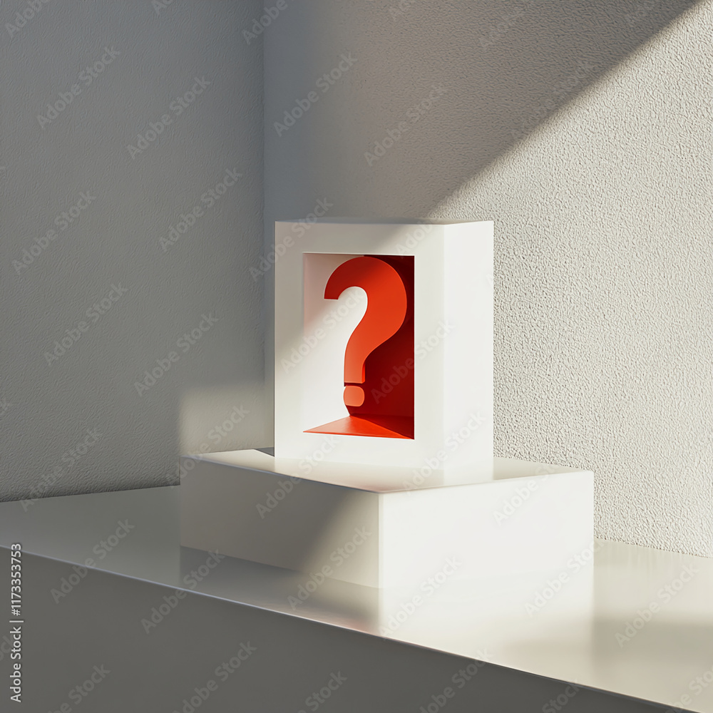 Poster Red large question mark in a minimalist white box on a pedestal with soft natural light