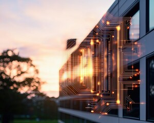Modern Bank Buildings Representing Technological Advancement, a double exposure combining the silhouette of a modern bank building with glowing circuitry and data patterns, symbolizing innovation