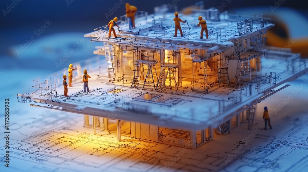 Poster miniature construction workers building a glowing model house on blueprints.