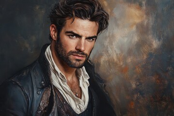 Obraz premium Portrait of a man with dramatic expression and stylish attire in a moody setting at dusk