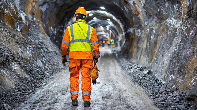 mining engineer inspects underground tunnels in safety gear