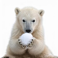 Fototapeta premium Adorable polar bear cub playing with a snowball in winter.