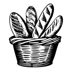 Obraz premium Four baguettes in a basket, lineart illustration.