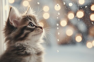 A kitten watching raindrops trickle down a windowpane, with a calm and thoughtful expression