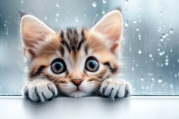 A kitten watching raindrops trickle down a windowpane, with a calm and thoughtful expression