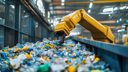 A robotic arm sorting recyclable materials in an automated waste management facility