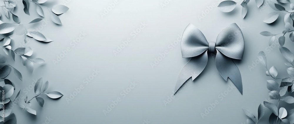 Poster elegant silver ribbon bow with gray leaves on light gray background.