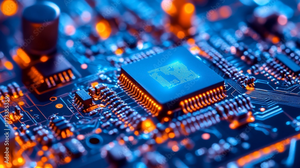 Leinwandbilder Close-up of illuminated microprocessor on circuit board.