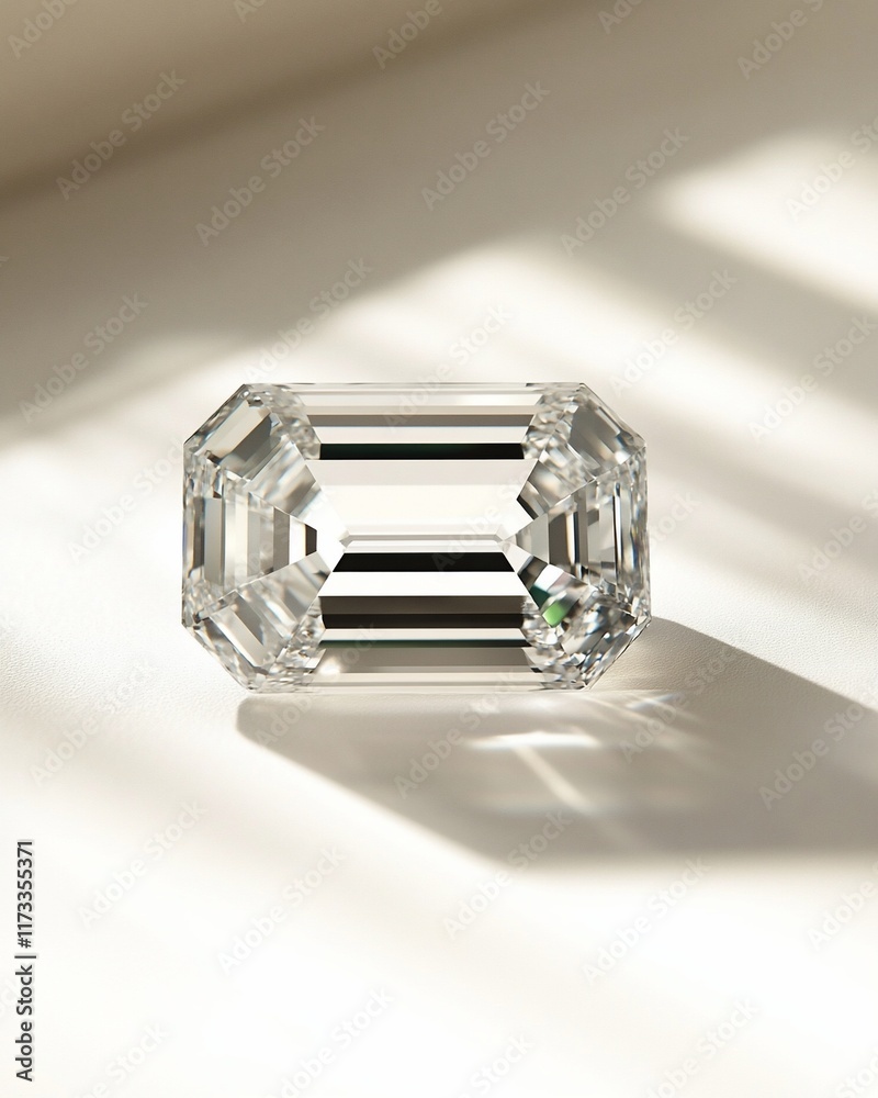 Aufkleber close-up of a sparkling, emerald-cut diamond gemstone on a white surface, illuminated by soft light.