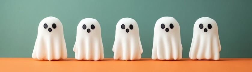 Cute ghost decorations on an orange surface for Halloween celebration.