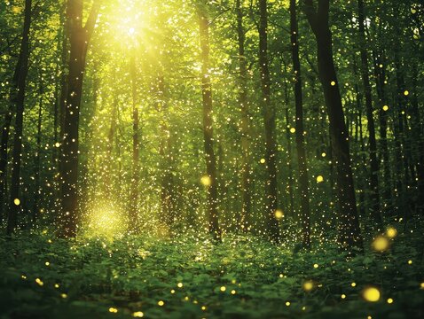 A vibrant forest where glowing leaves cascade like falling stars. The forest floor is alive with radiant mushrooms, and a glowing river reflects the light, creating a serene and magical ambiance. 