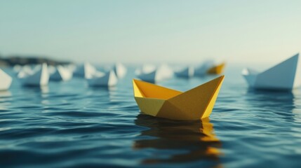 A leadership concept visualized by a yellow paper boat navigating through white boats on a calm sea, illustrating independence and the pursuit of individual success