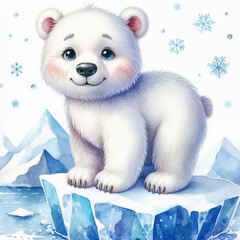 Cute polar bear cub standing on ice in a snowy landscape with a cheerful expression and colorful winter background