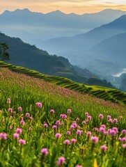 Fototapeta premium Serene Sunrise over a Flower-Filled Landscape with Terraced Rice Fields and Mountains in the Background
