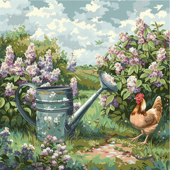 Vector illustration chickens walking, garden watering can and flowers