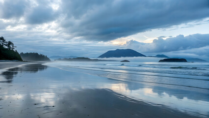 Tranquil Beach Landscape with Misty Mountains under Blue Sky