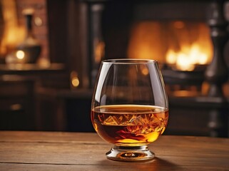 A close-up shot of a snifter glass filled with rich, amber brandy, sitting on a polished wooden table.