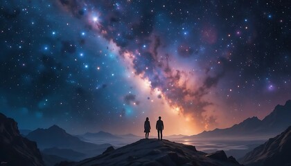 A lone adventurer stands atop a rocky mountain, gazing at a vivid cosmic display of stars and a swirling galaxy, set against a breathtaking mountainous backdrop. The scene embodies awe and inspiration