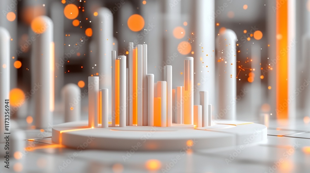 Poster Abstract 3D rendering of glowing orange and white columns on a circular platform with bokeh lights.