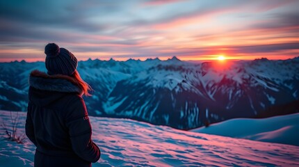 Iridescent and bioluminescent colors. A woman in cozy winter clothes stands on a snow-covered hill, gazing at a majestic mountain range at sunrise. Natural light effects, vibrant glow, 