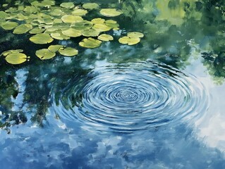 ripples in water with lily pads, tranquil scene