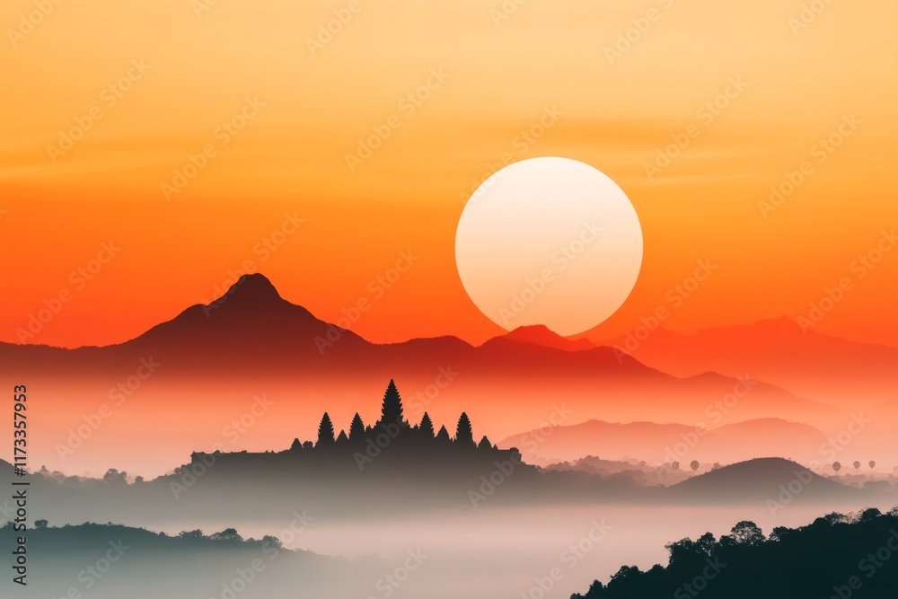 Poster a minimalist depiction of angkor wat silhouetted against a soft gradient sky, with clean and simple 