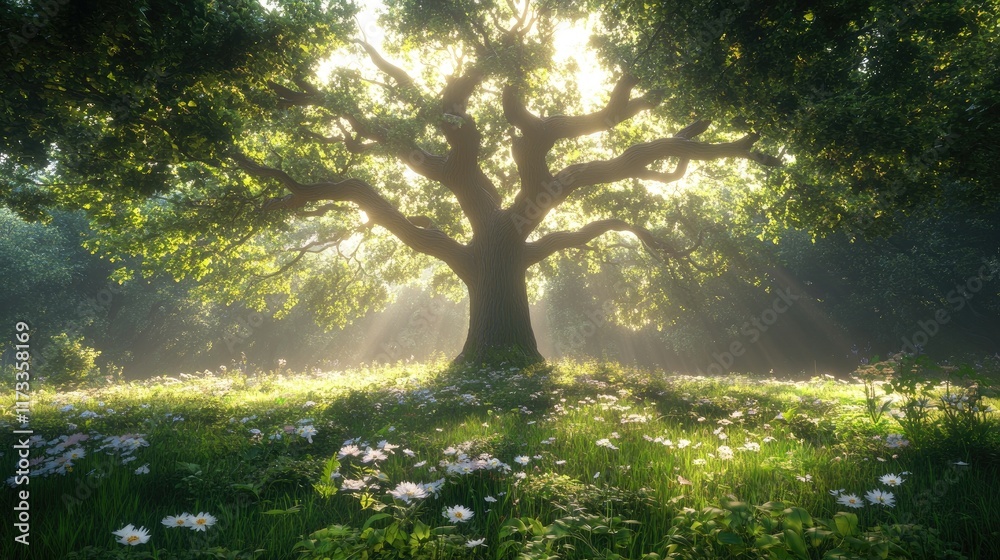 Aufkleber a majestic tree grows from the earth, its branches extending toward the sky, surrounded by lush gree