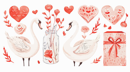 Romantic Valentine's Day Scene with Four Swans, Gift Box, Envelope, and Flowers