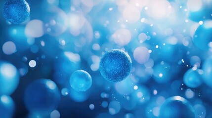 A mesmerizing close-up of spherical blue cells glowing in vibrant blue hues, set against a soft, delicately blurred background for a stunning visual effect