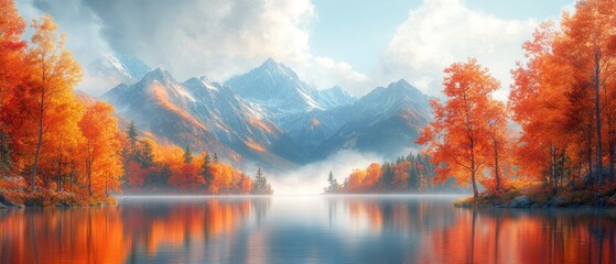 Fototapeta premium Serene Autumn Landscape Featuring Vibrant Orange Trees Majestic Mountains and a Calm Lake