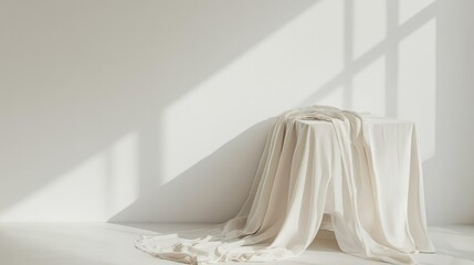 A minimalist scene featuring a crisp tablecloth elegantly draped over a table, set against a neutral white background, for a clean and timeless design