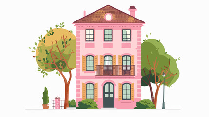 Modern Urban House Architecture with Pink Building and Brown Roof