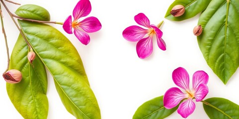 Tamarind leaf and flower arrangement on white background for framing with copy space, tamarind, copy space