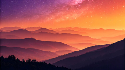 Fototapeta premium Majestic Sunset Over Serene Mountain Range with Starry Sky
